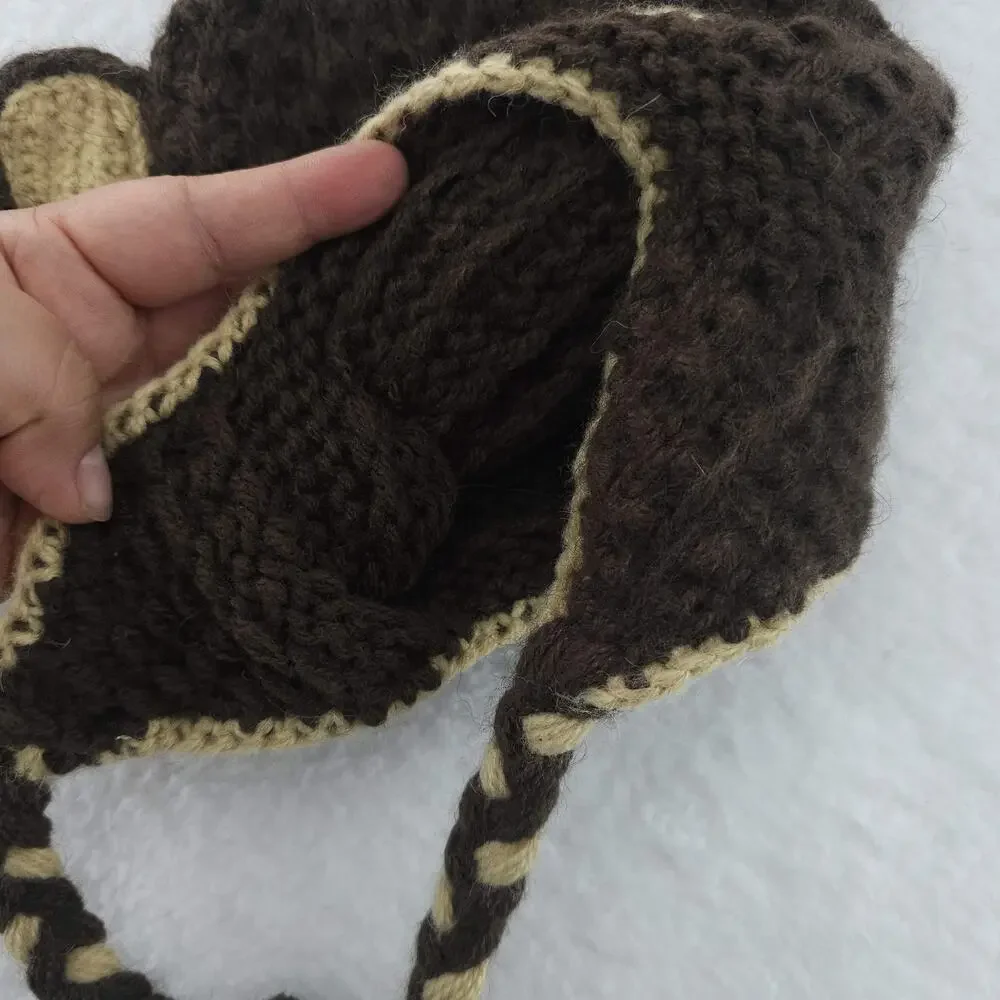 Monkey Knitted Beanie Alpaca Peru Andes Gifts Hat Cap Fitted Youth Small Brown